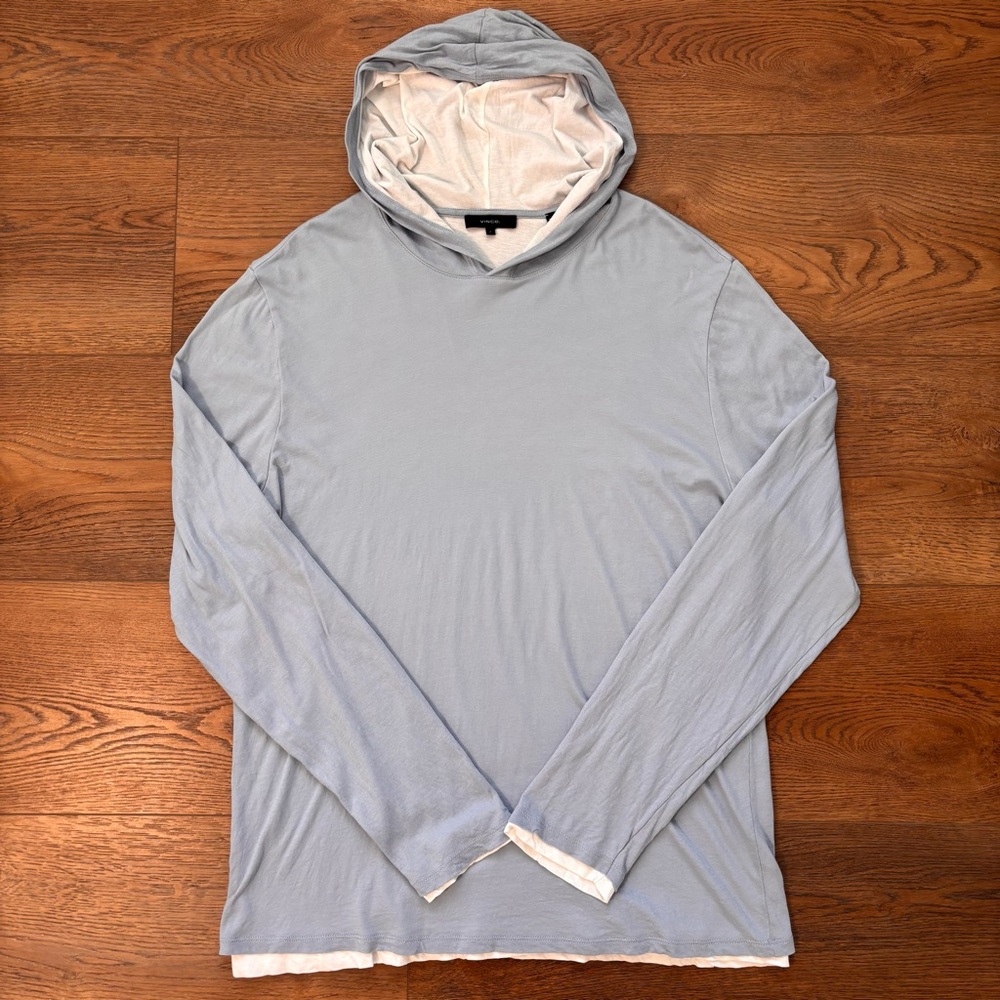 VINCE - Men’s Hoodie (L) - Pima Double Layer Long-Sleeve in Blue & White